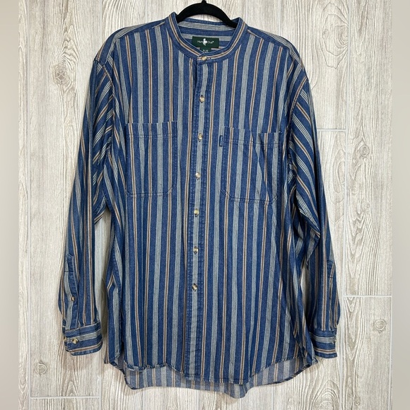 90s Mens Pinstriped Long Sleeve Denim Shirt Band Collar Hunt Club Size XL - Picture 2 of 15